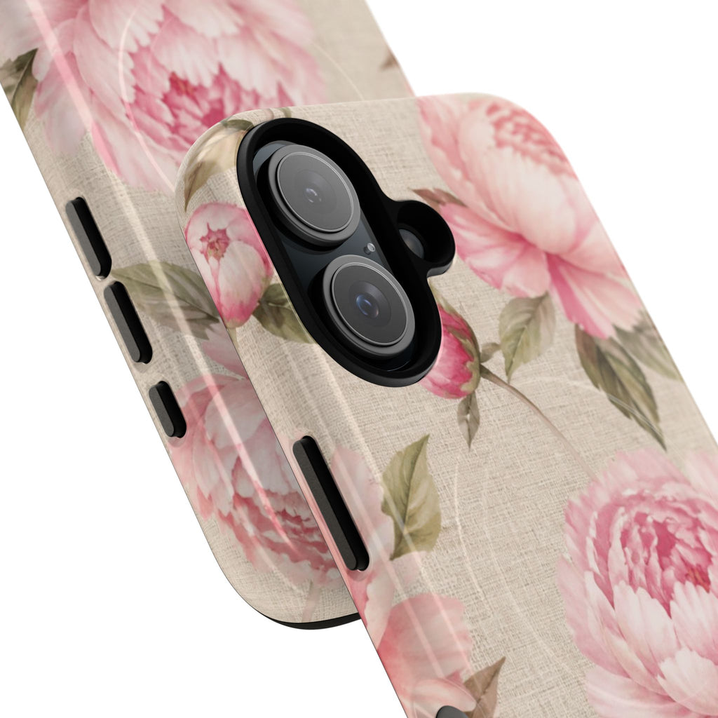 Floral Peony Tough Magnetic Phone Case — Pink Vintage Rose Protective Cover