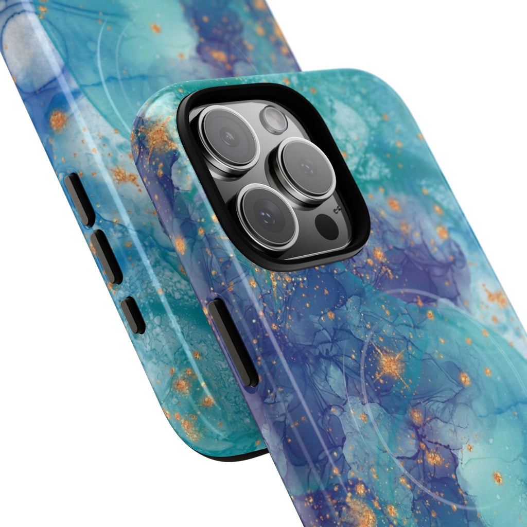 Teal Marble Magnetic Tough Case — Protective Phone Case with Blue Gold Swirl Design