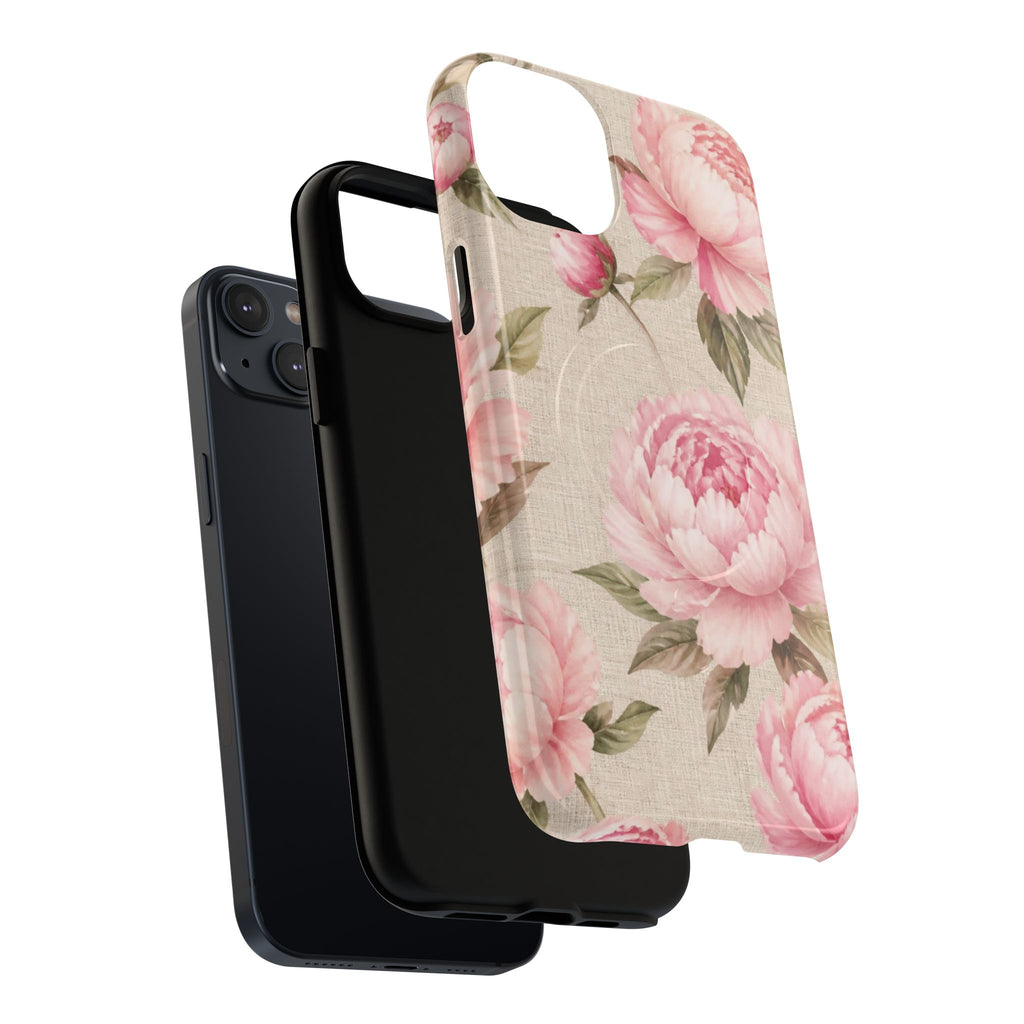 Floral Peony Tough Magnetic Phone Case — Pink Vintage Rose Protective Cover