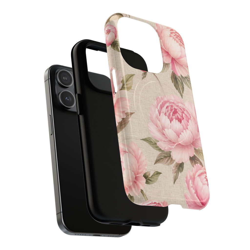 Floral Peony Tough Magnetic Phone Case — Pink Vintage Rose Protective Cover