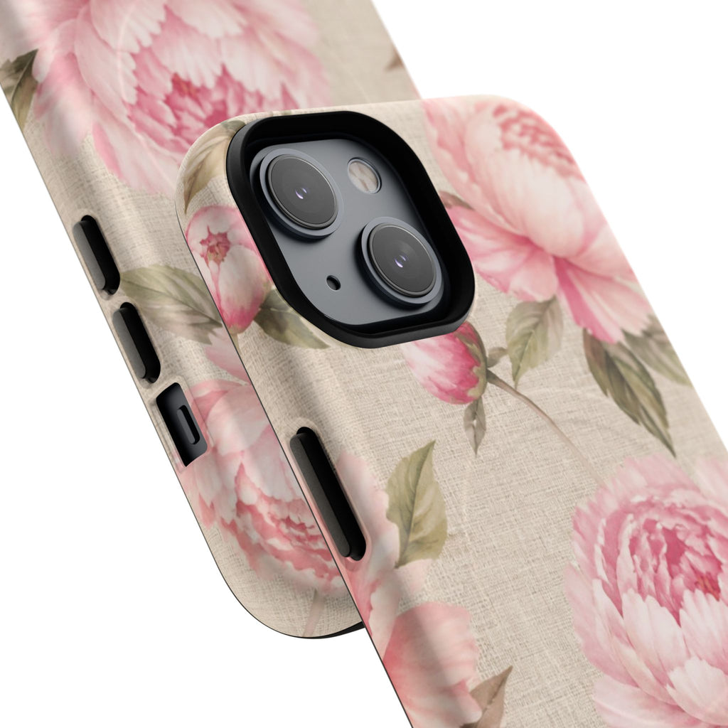 Floral Peony Tough Magnetic Phone Case — Pink Vintage Rose Protective Cover