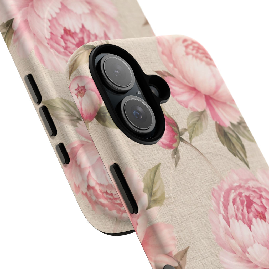 Floral Peony Tough Magnetic Phone Case — Pink Vintage Rose Protective Cover