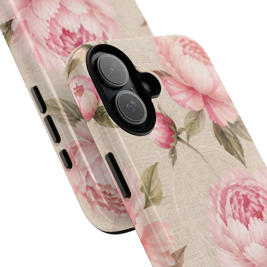 Floral Peony Tough Magnetic Phone Case — Pink Vintage Rose Protective Cover