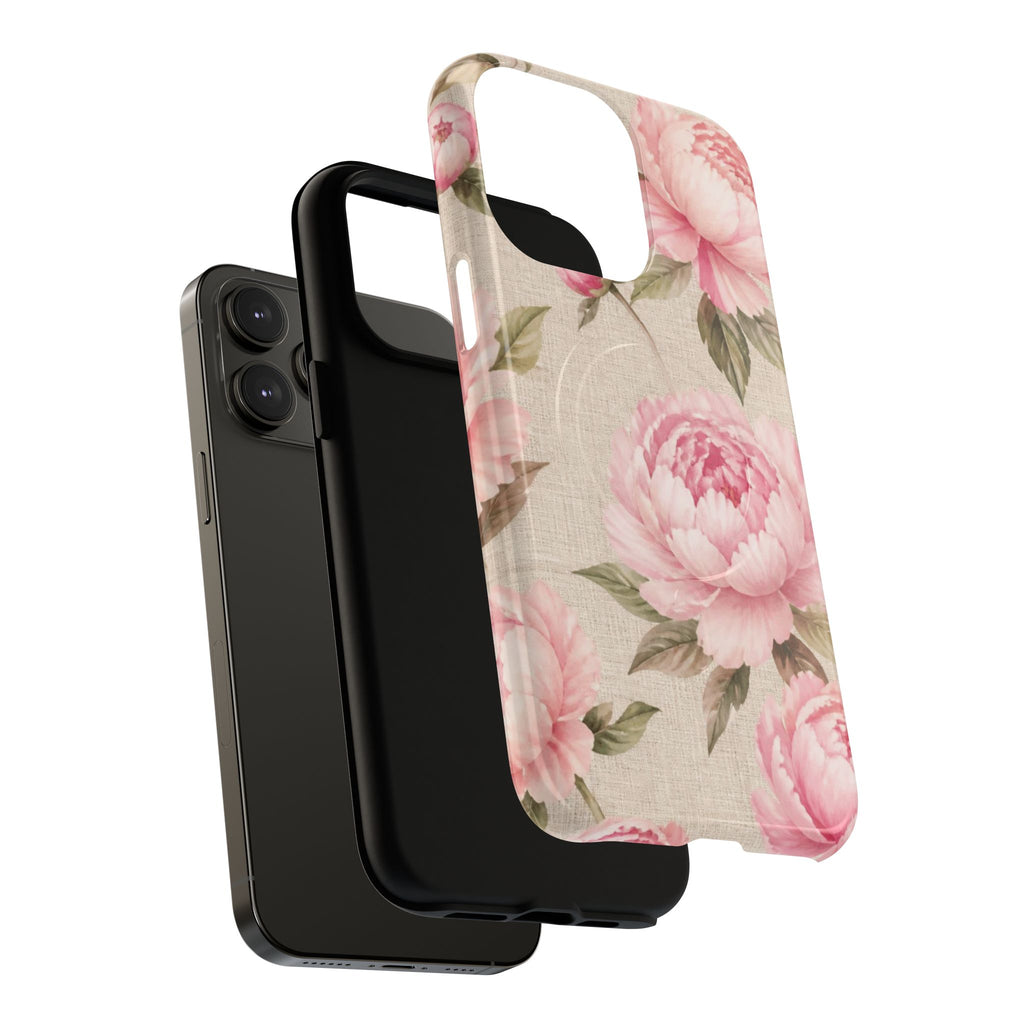 Floral Peony Tough Magnetic Phone Case — Pink Vintage Rose Protective Cover