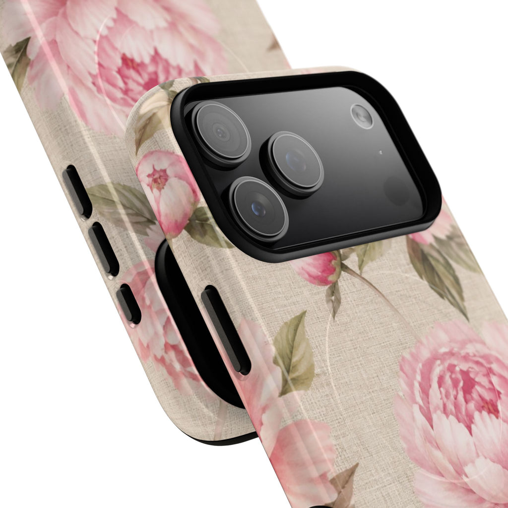 Floral Peony Tough Magnetic Phone Case — Pink Vintage Rose Protective Cover
