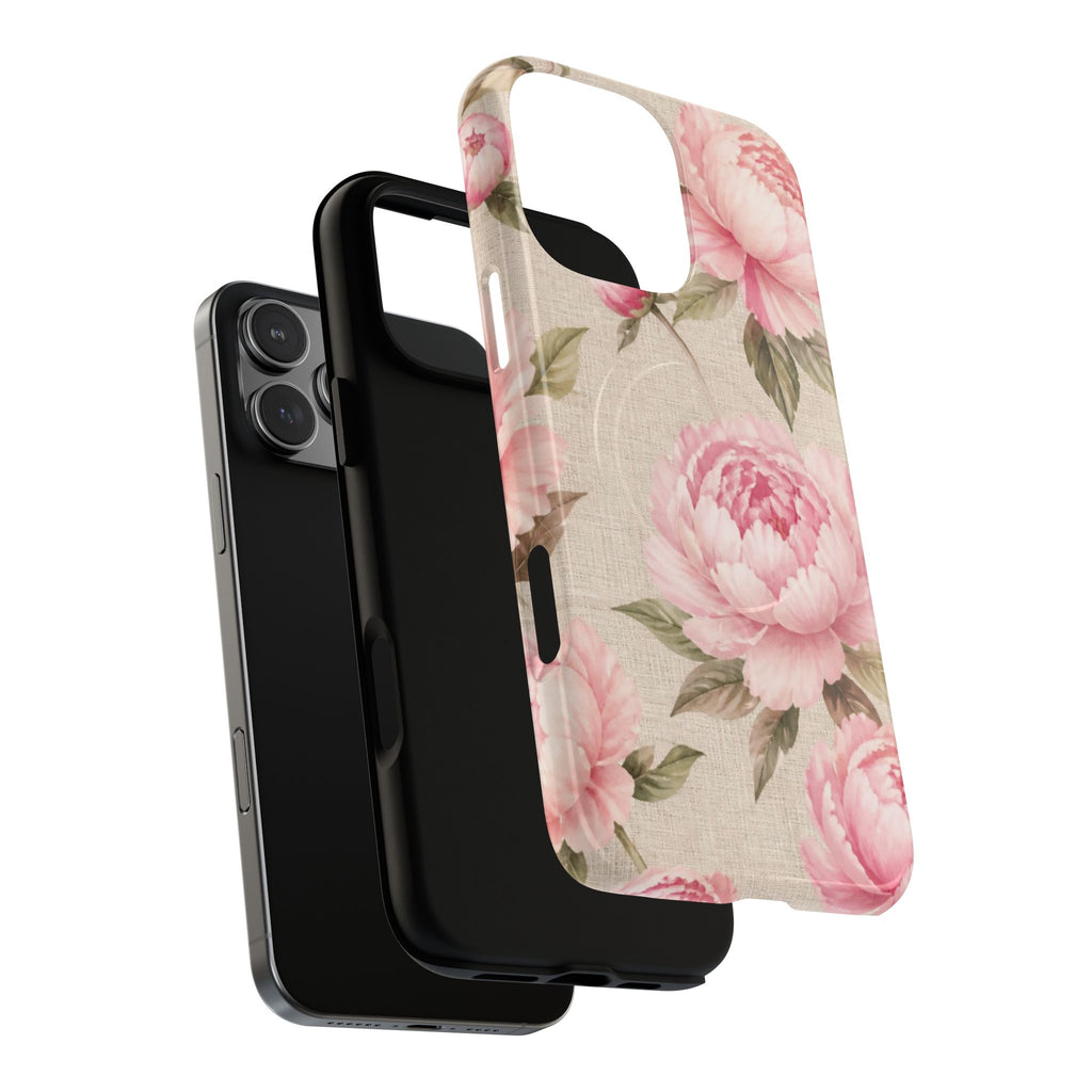 Floral Peony Tough Magnetic Phone Case — Pink Vintage Rose Protective Cover