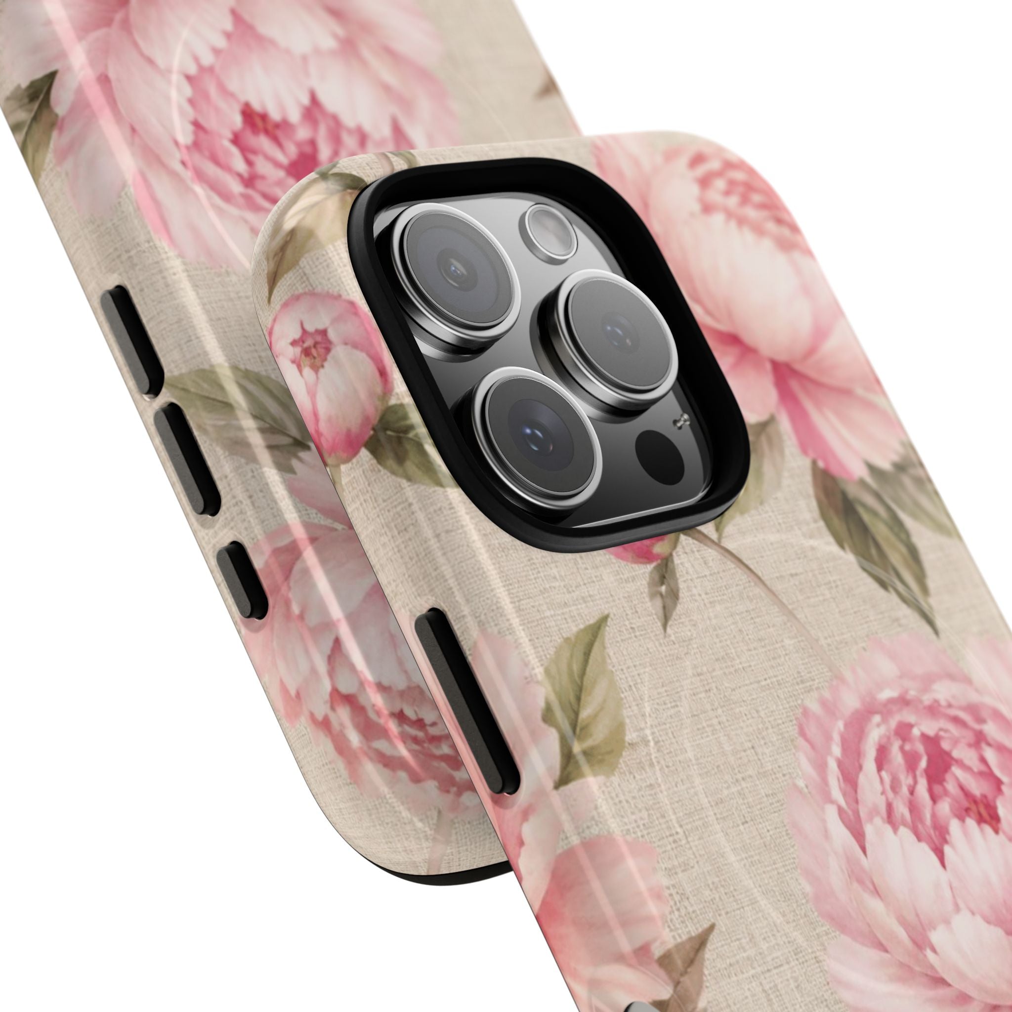 Floral Peony Tough Magnetic Phone Case — Pink Vintage Rose Protective Cover