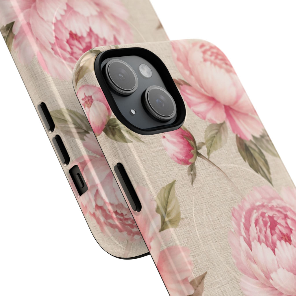 Floral Peony Tough Magnetic Phone Case — Pink Vintage Rose Protective Cover