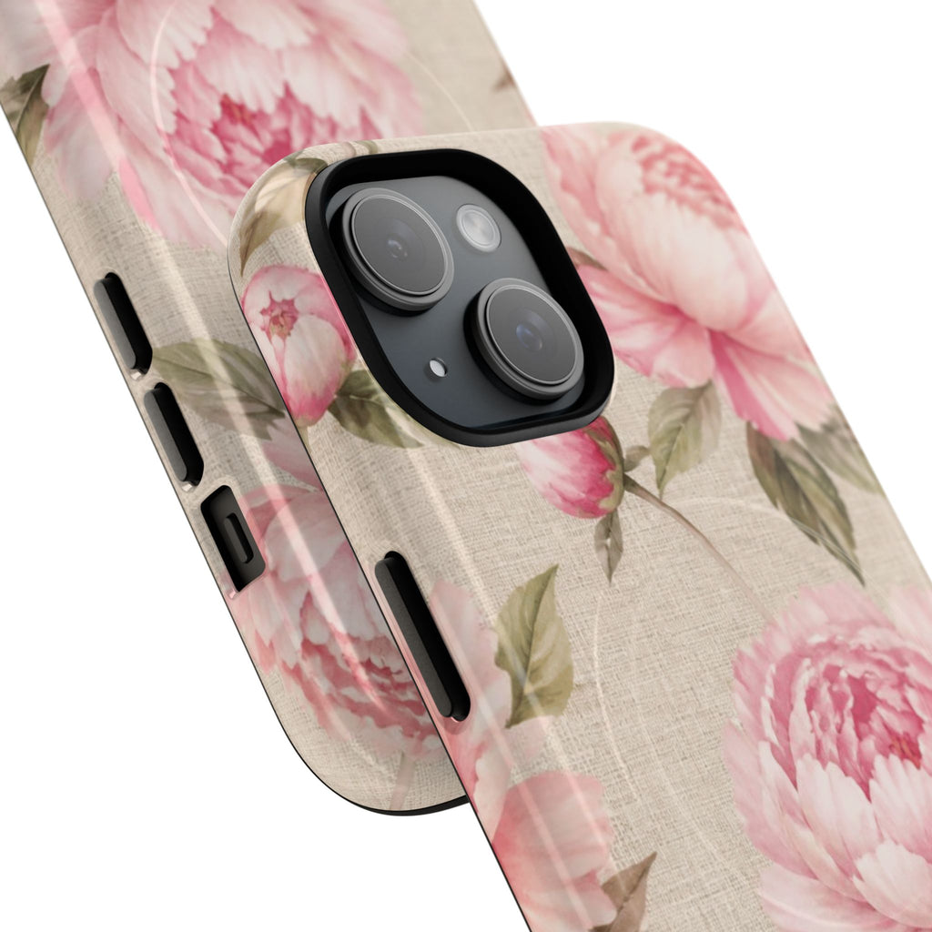 Floral Peony Tough Magnetic Phone Case — Pink Vintage Rose Protective Cover