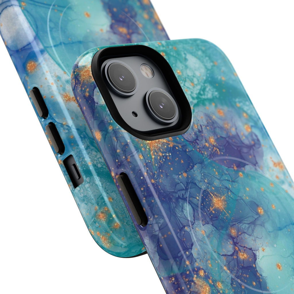 Teal Marble Magnetic Tough Case — Protective Phone Case with Blue Gold Swirl Design