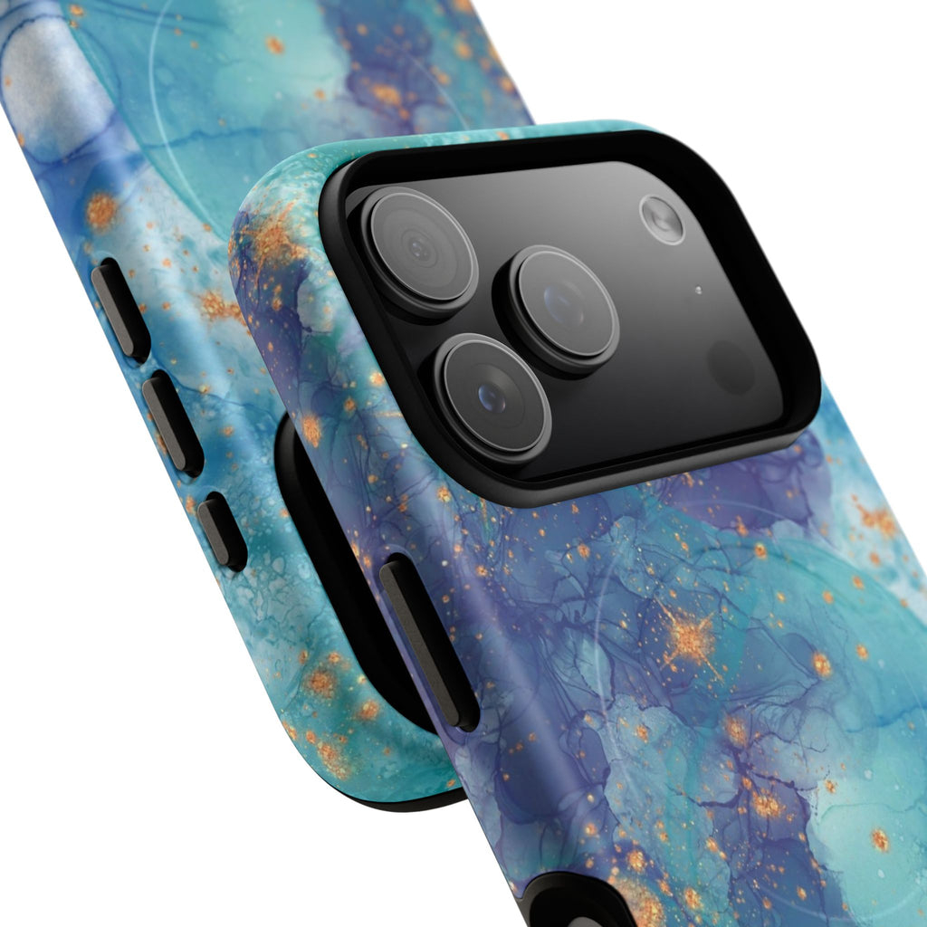 Teal Marble Magnetic Tough Case — Protective Phone Case with Blue Gold Swirl Design
