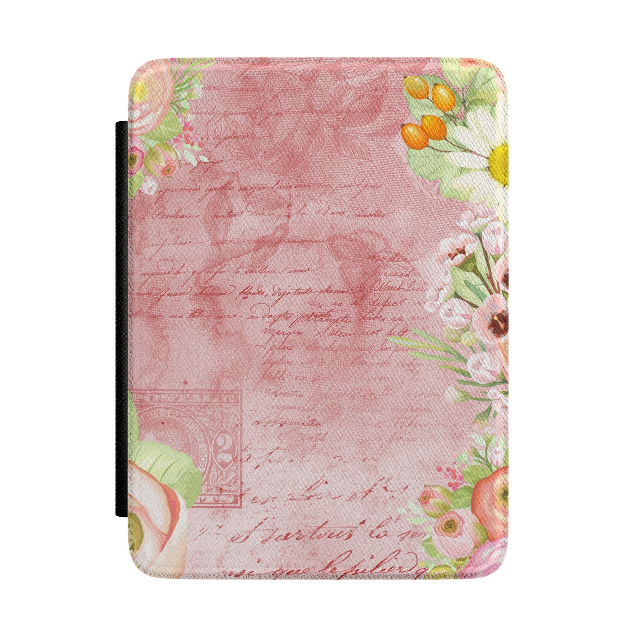 Floral Vintage Script Kindle Case — Pink Daisies & Roses Protective Cover