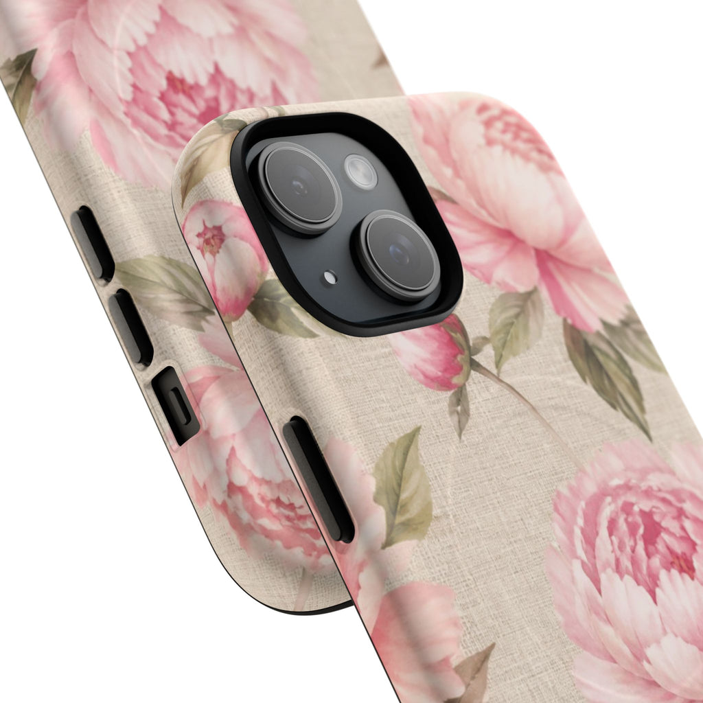 Floral Peony Tough Magnetic Phone Case — Pink Vintage Rose Protective Cover