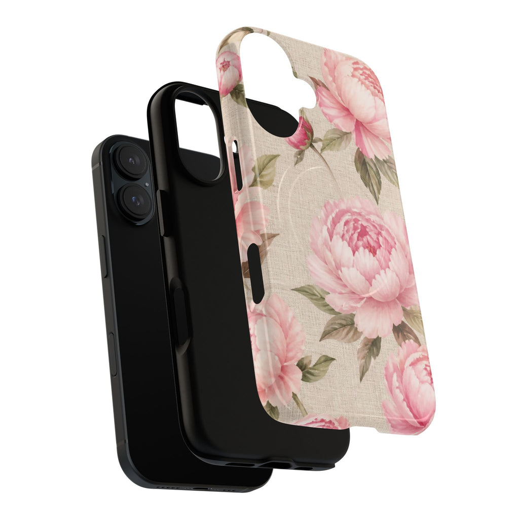 Floral Peony Tough Magnetic Phone Case — Pink Vintage Rose Protective Cover
