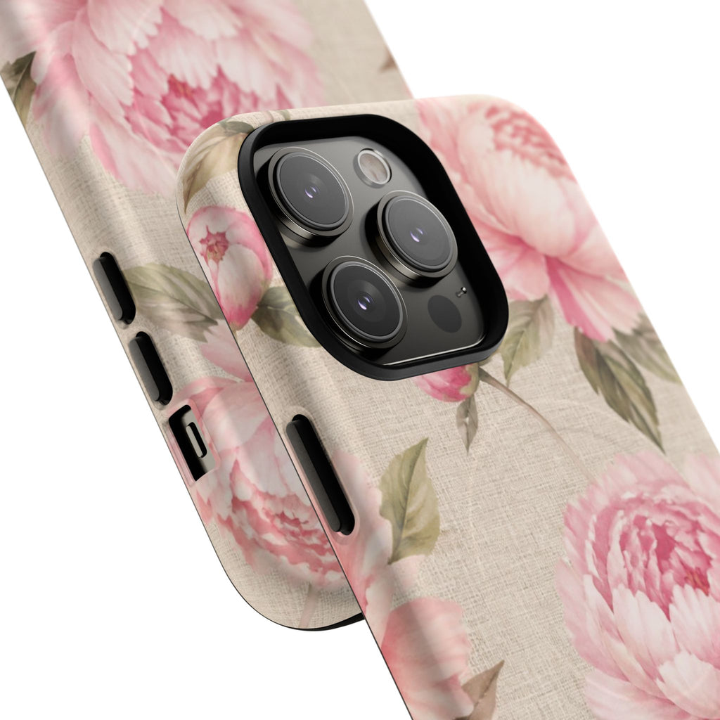 Floral Peony Tough Magnetic Phone Case — Pink Vintage Rose Protective Cover