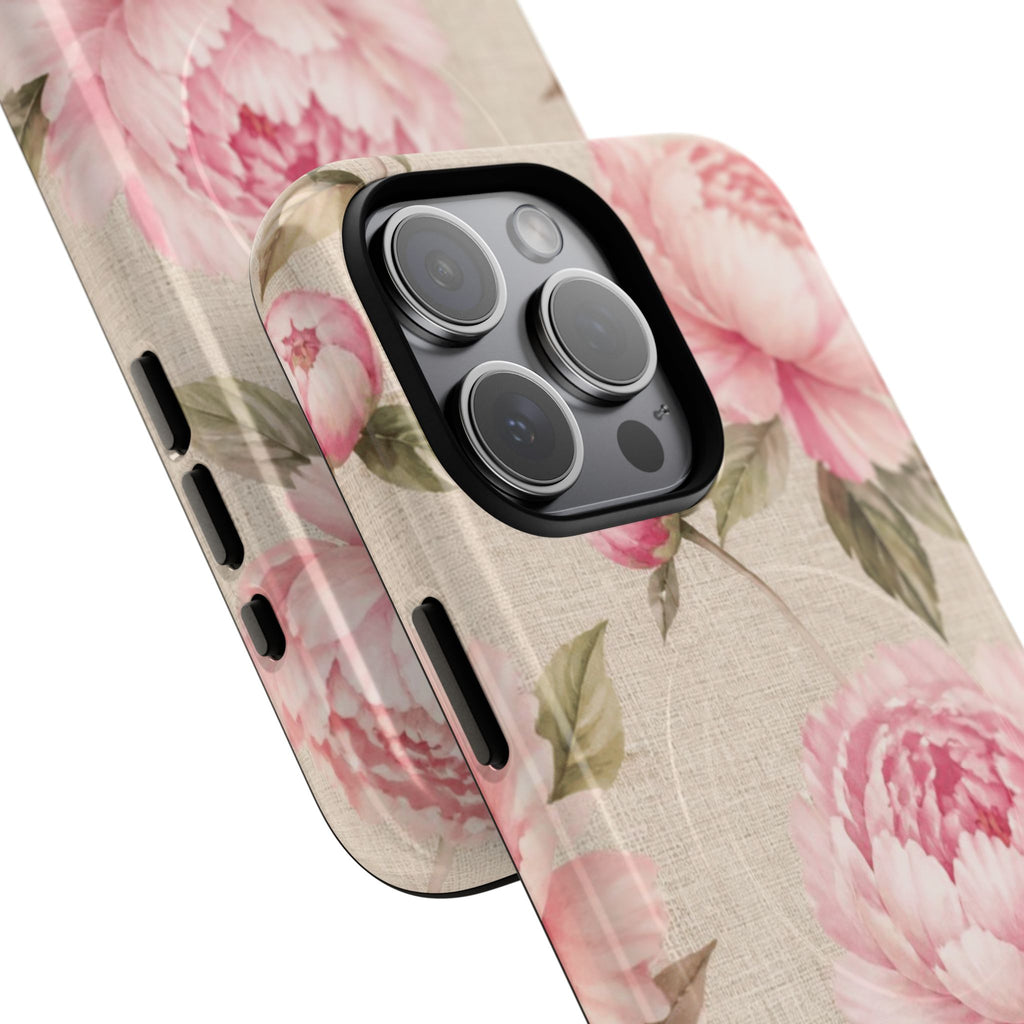 Floral Peony Tough Magnetic Phone Case — Pink Vintage Rose Protective Cover