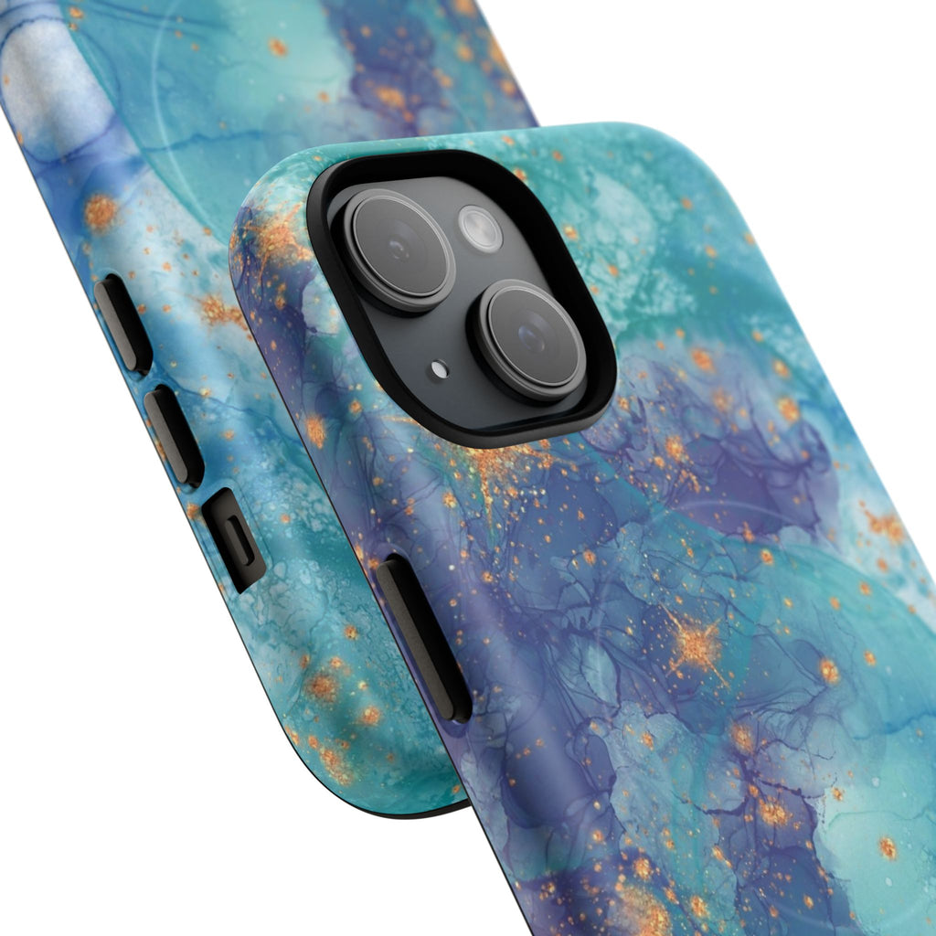 Teal Marble Magnetic Tough Case — Protective Phone Case with Blue Gold Swirl Design
