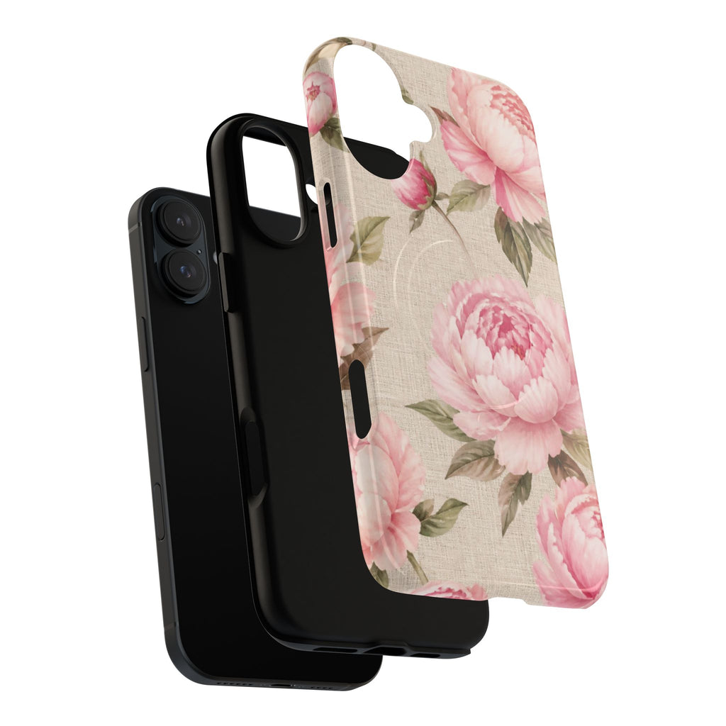 Floral Peony Tough Magnetic Phone Case — Pink Vintage Rose Protective Cover