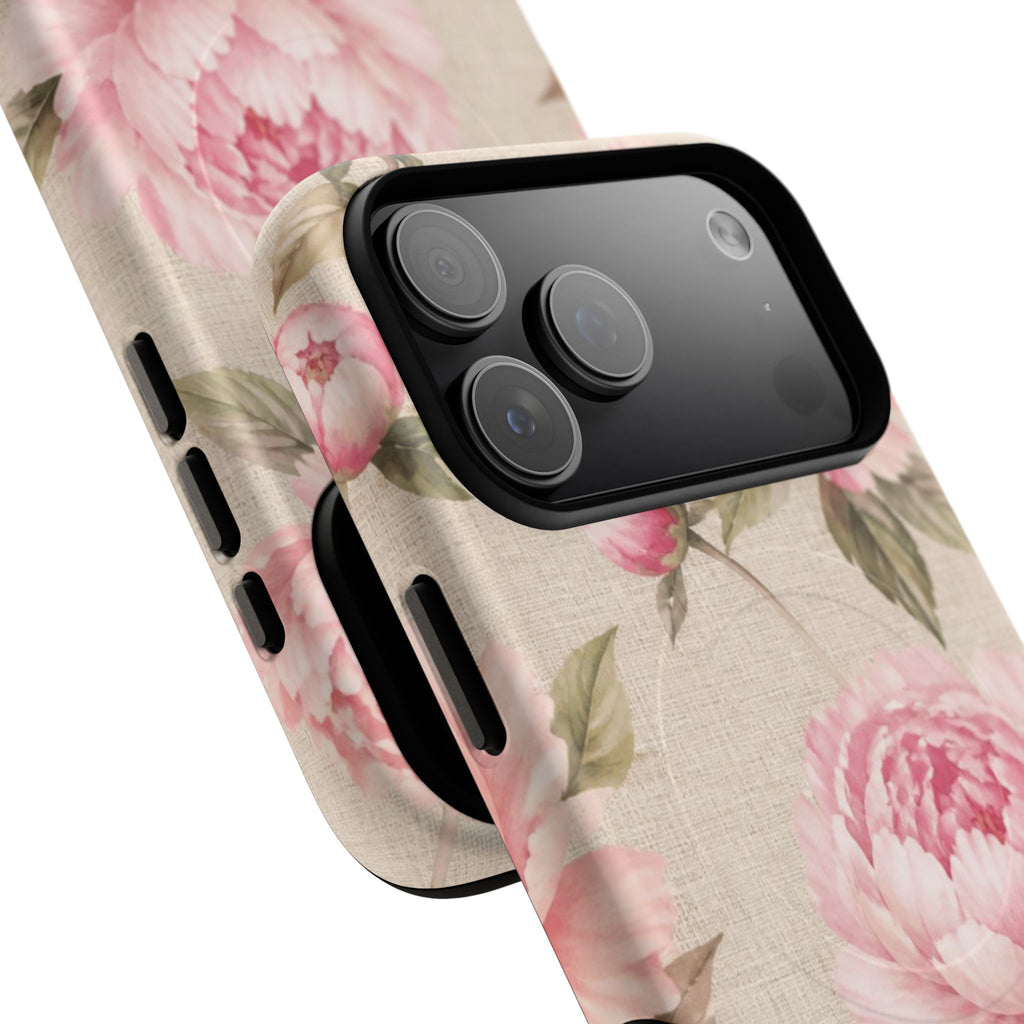 Floral Peony Tough Magnetic Phone Case — Pink Vintage Rose Protective Cover
