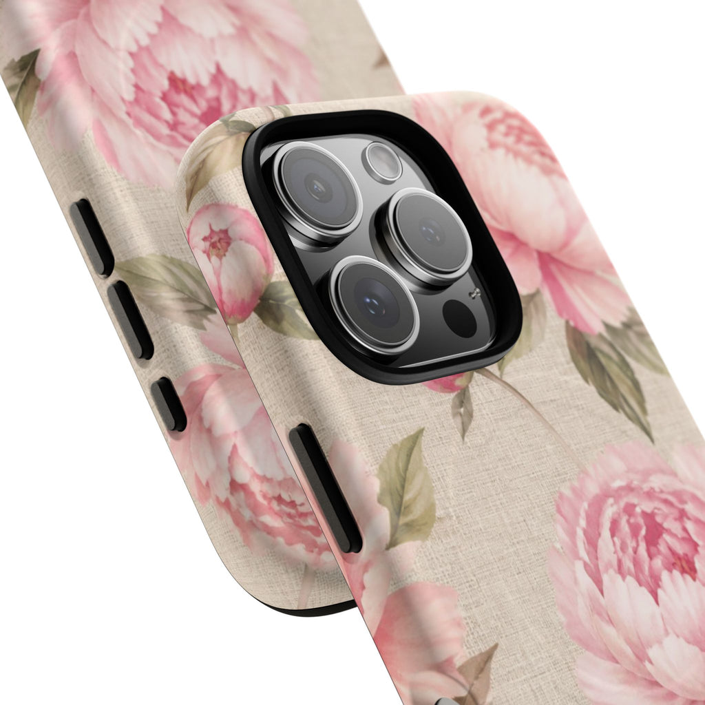 Floral Peony Tough Magnetic Phone Case — Pink Vintage Rose Protective Cover