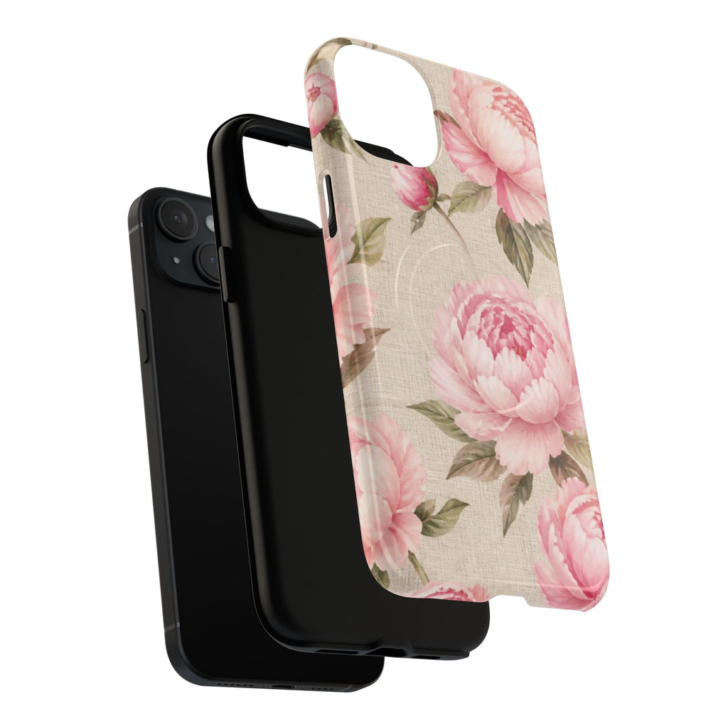 Floral Peony Tough Magnetic Phone Case — Pink Vintage Rose Protective Cover