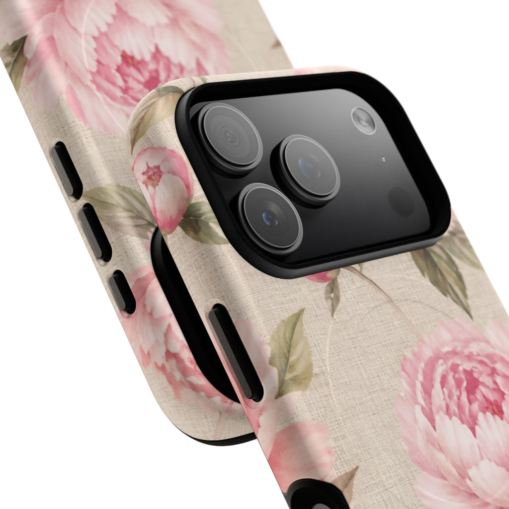Floral Peony Tough Magnetic Phone Case — Pink Vintage Rose Protective Cover