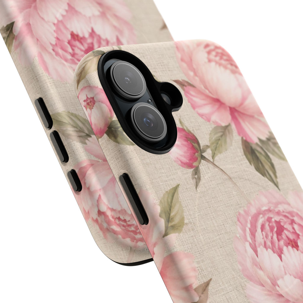 Floral Peony Tough Magnetic Phone Case — Pink Vintage Rose Protective Cover