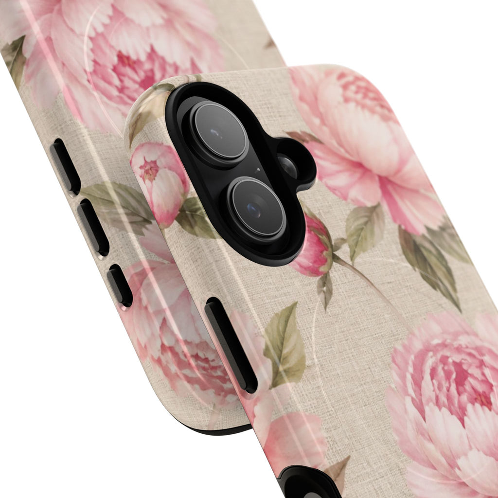 Floral Peony Tough Magnetic Phone Case — Pink Vintage Rose Protective Cover